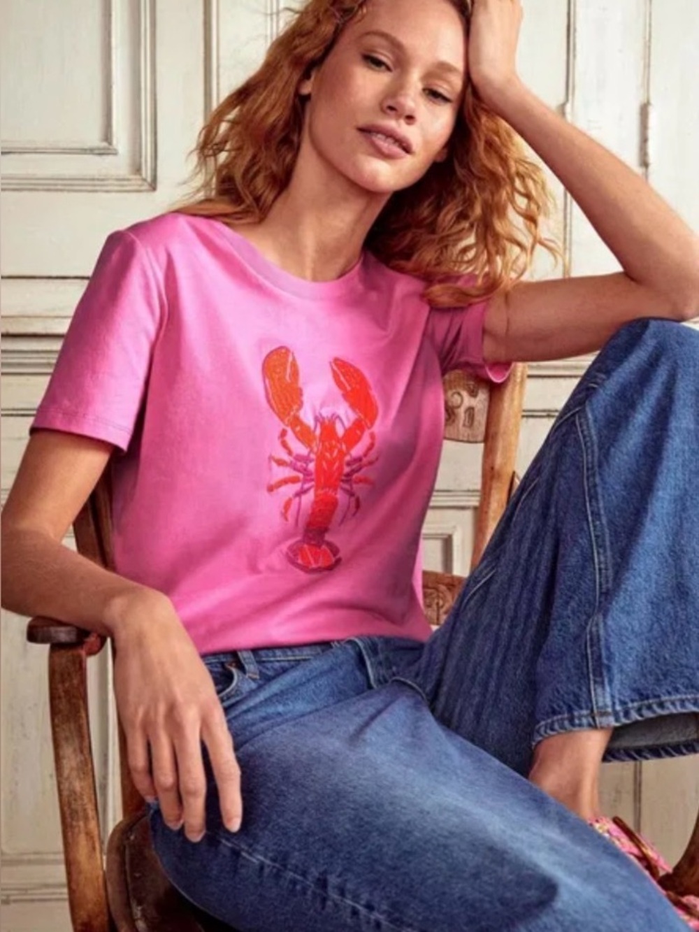 Boden Cotton Embroidered Lobster Relaxed T-Shirt Pink Tee Size Small